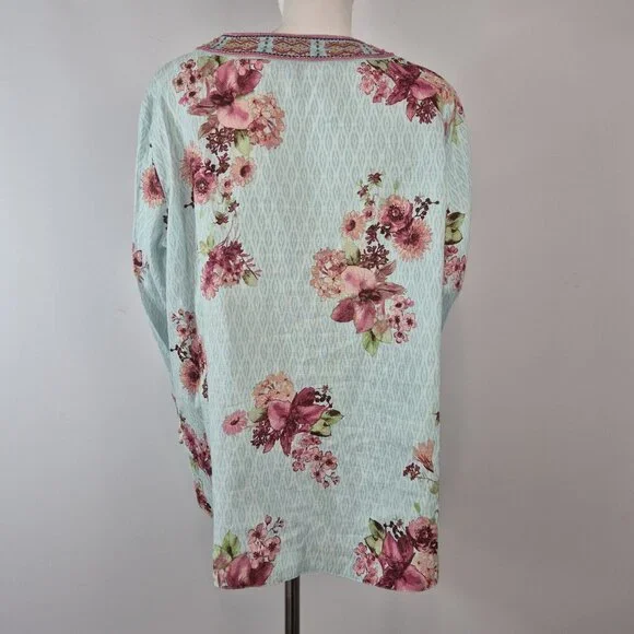 John Mark Women's Size S Floral Print Embroidered and Beaded Tunic Blue Pink (53 - Picture 6 of 14